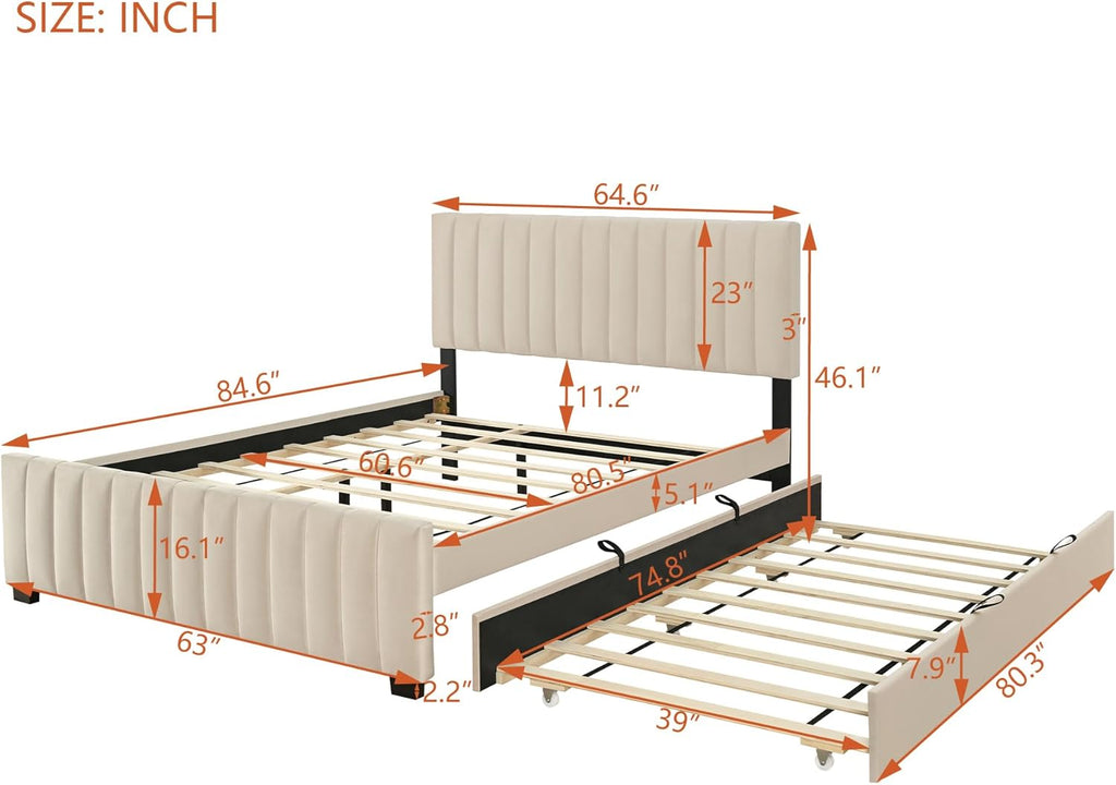 VilroCaz Modern Queen Size Velvet Upholstered Platform Bed with Twin Size Trundle Bed, Channel Tufted Headboard and Footboard, Sturdy Slats Support (Beige-5.25)