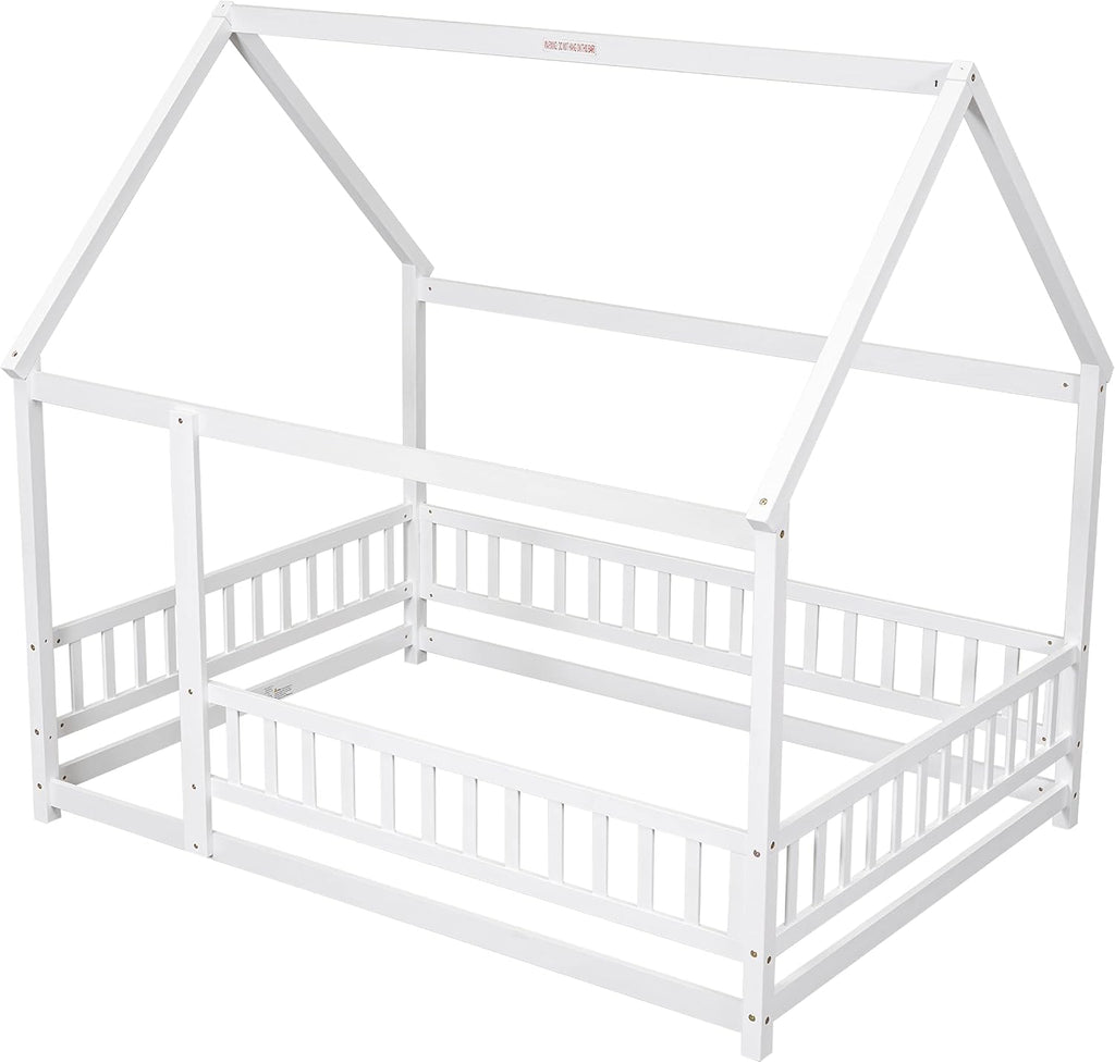 Bellemave Full Size House Floor Bed,Wooden Montessori Bed with Fence and Roof for Kids,Playhouse Full Bed Frame for Girls,Boys(Full,White)