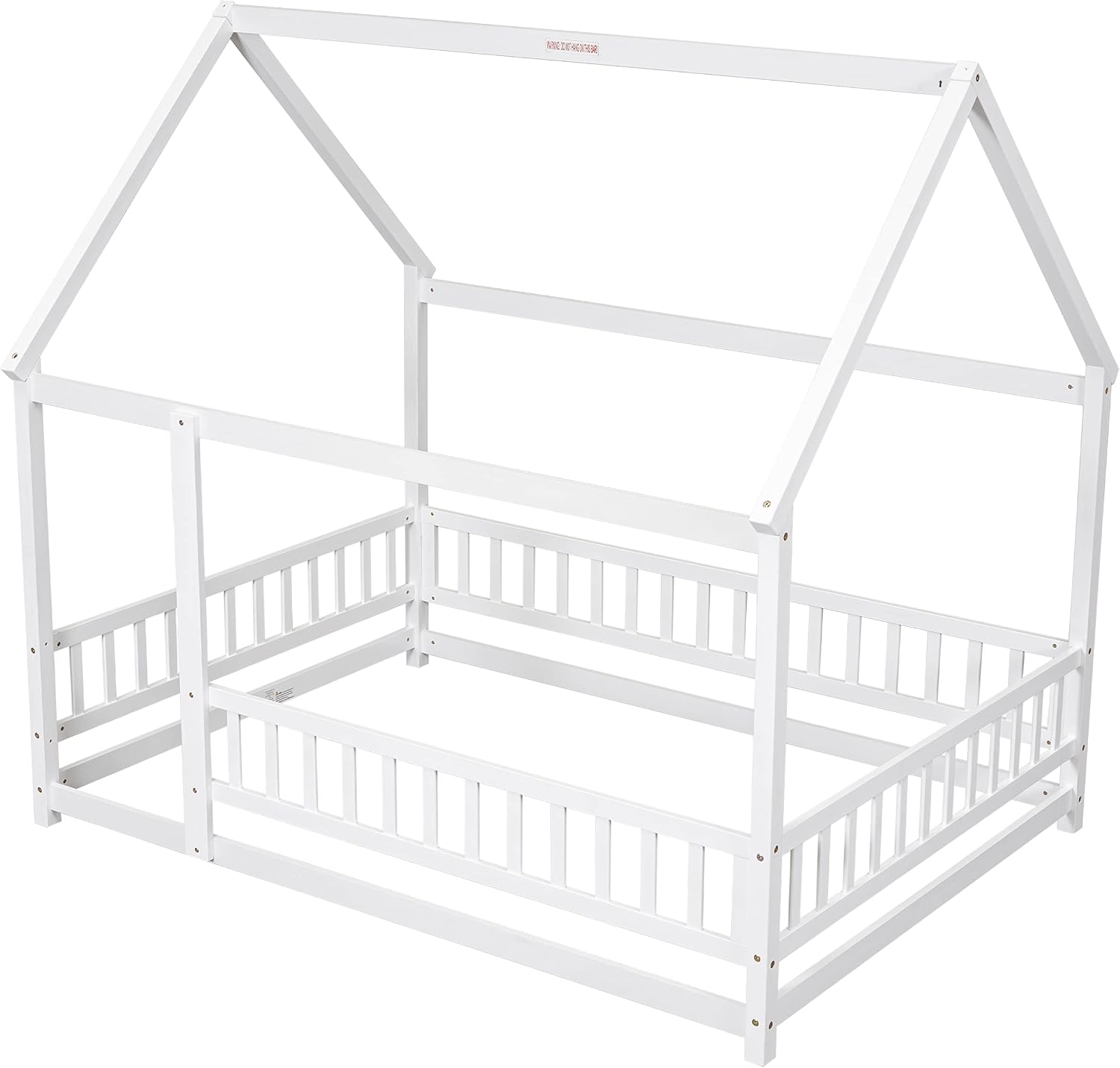 Bellemave Full Size House Floor Bed,Wooden Montessori Bed with Fence and Roof for Kids,Playhouse Full Bed Frame for Girls,Boys(Full,White)