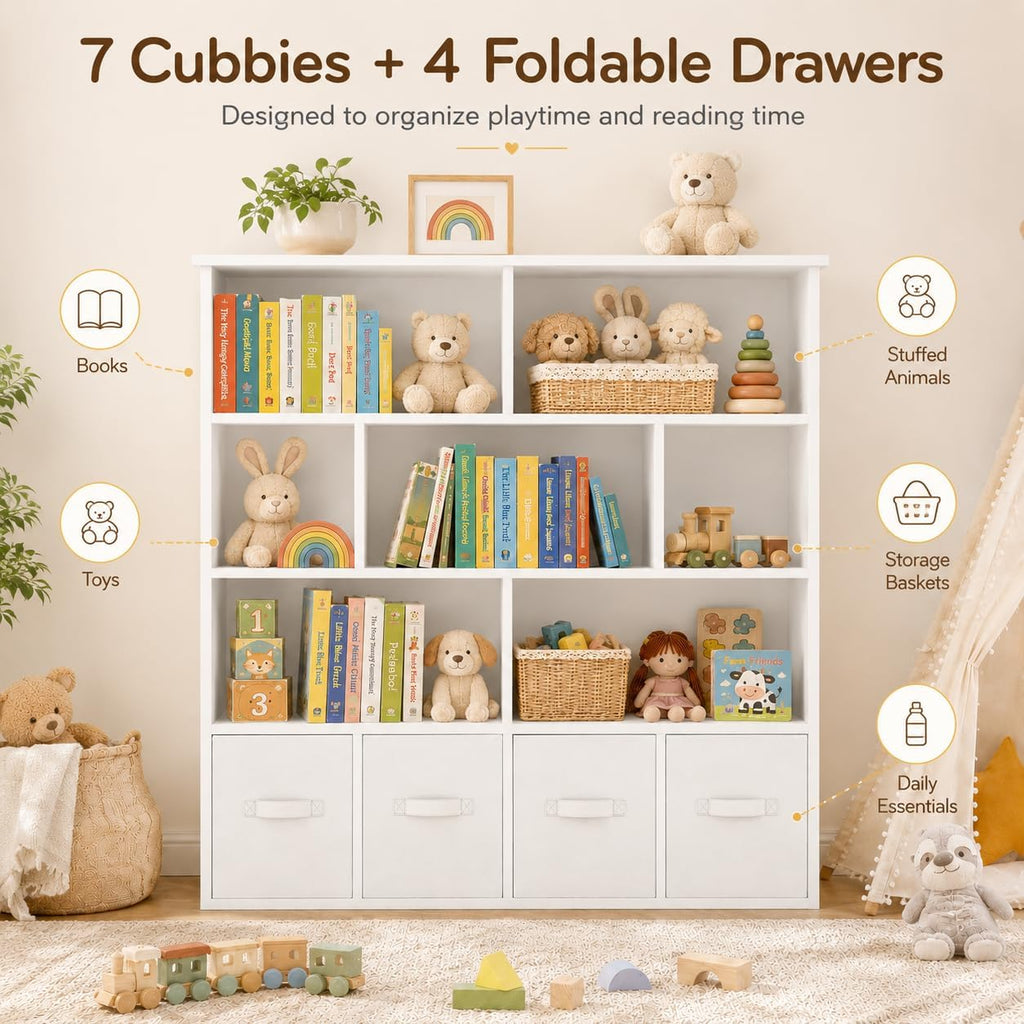 EROMMY Toy Storage Organizer and Kids Bookshelf, 7 Cubbies, 4 Drawers | 50'W x 47'H storage cabinet with anti-tip kit and removable fabric drawers for playrooms, bedrooms, and nurseries