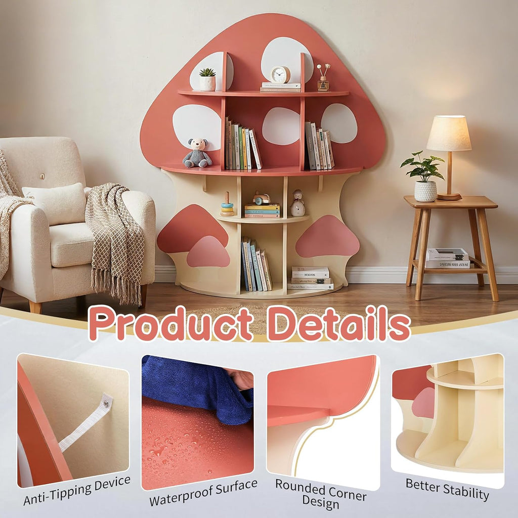 Karl home Children Mushroom Bookcase, Toddler Tree Bookshelf for Kids, Baby Montessori Bookshelf and Toy Storage, Kids Room Furniture, Display Shelf for Bedroom, Nursery, Playroom, Red-Orange