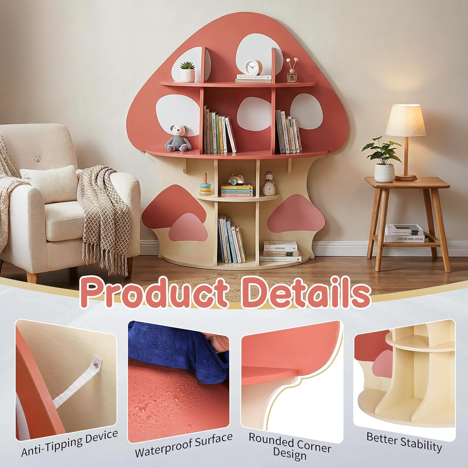 Karl home Children Mushroom Bookcase, Toddler Tree Bookshelf for Kids, Baby Montessori Bookshelf and Toy Storage, Kids Room Furniture, Display Shelf for Bedroom, Nursery, Playroom, Red-Orange
