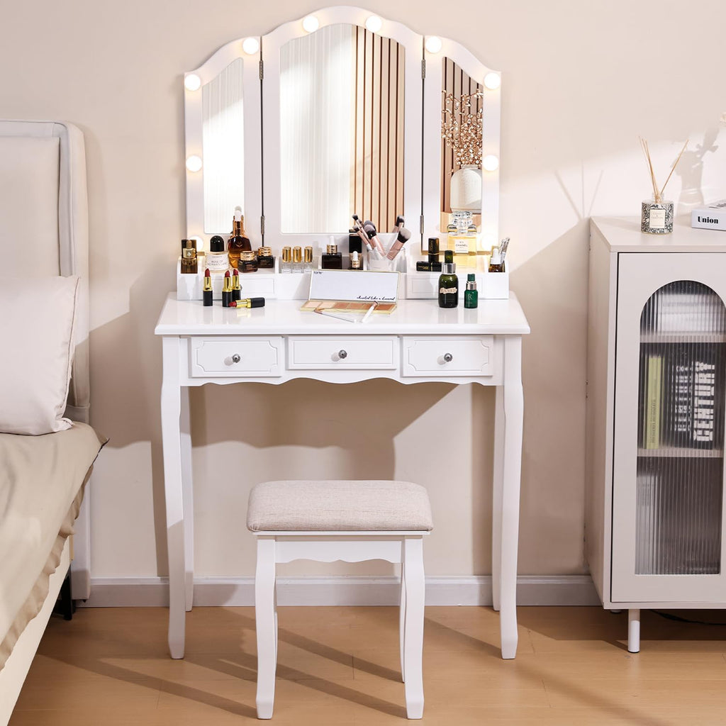 Vanity Desk with Mirror and Lights White Girls Vanity Set with Mirror and Cushioned Stool Makeup Vanity Table with Lighted Mirror & 5 Drawers(White)