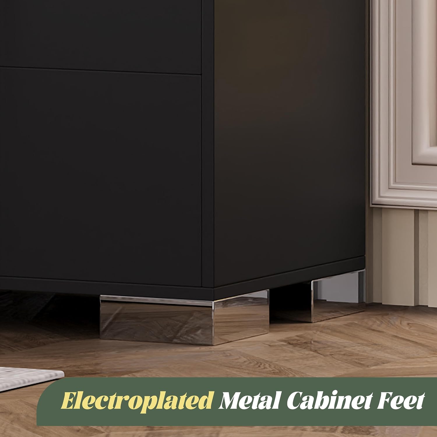Modern Black Nightstand Set of 2 for Bedroom, Elegant 2 Drawer Nightstand with Silver Mirrored Handle and Base, Wood End Table Sofa Side Table for Living Room Bedroom (Black)