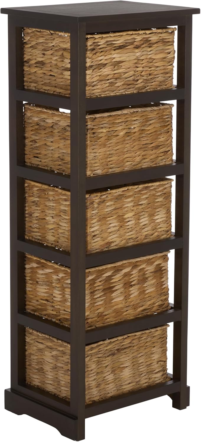SAFAVIEH Furniture - Vedette 5-Basket Storage Tower - Dark Chocolate - Solid Wood - Coastal Basket Tower Design - Ideal for Entryway, Living Room, 17.5'W x 13.5'D x 46'H - Fully Assembled (AMH5739F)