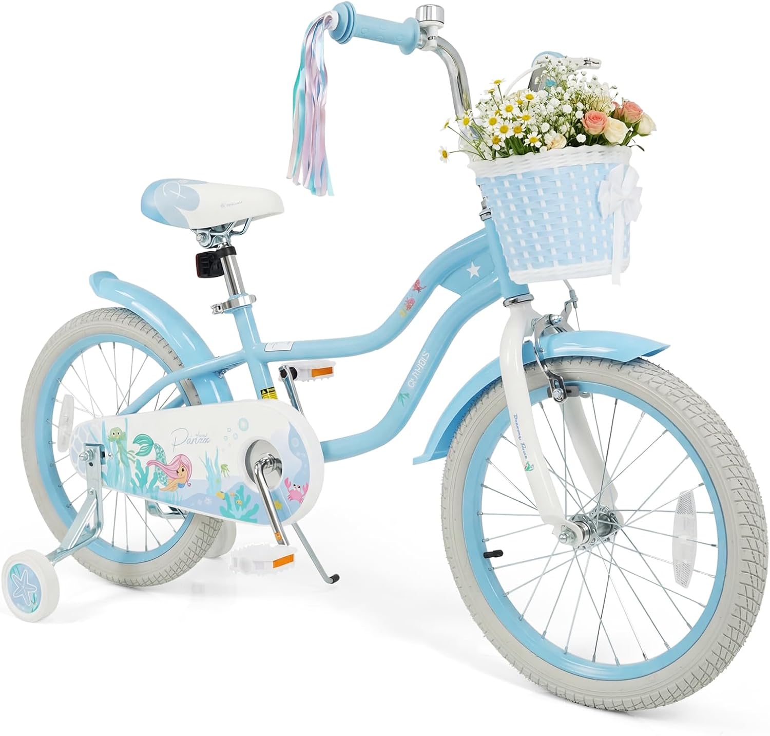 Olakids Kids Bike, 12 14 16 18 20 Inch Mermaid Theme Girls Bicycle with Training Wheels Basket Adjustable Seat and Handlebar Dual Brake