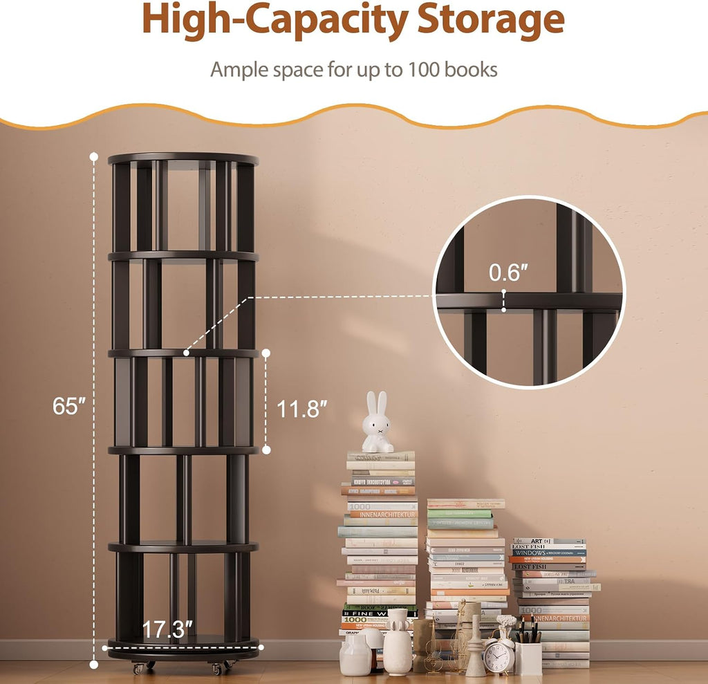 Muwuele Solid Wood Rotating Bookshelf on Wheels, 5 Tier, Round Revolving Bookcase, 360° Spinning Book Shelf Tower for Kids, Narrow Rolling Bookshelves for Small Space, Corner, Bedroom, Office, Black