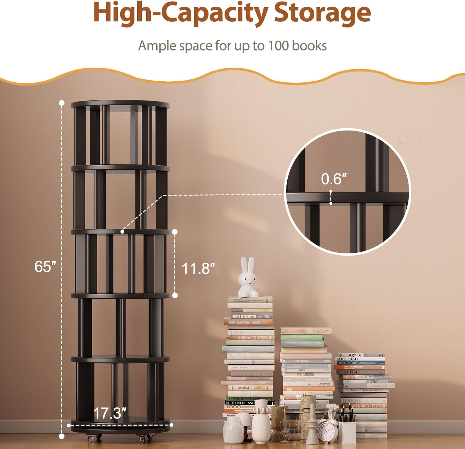Muwuele Solid Wood Rotating Bookshelf on Wheels, 5 Tier, Round Revolving Bookcase, 360° Spinning Book Shelf Tower for Kids, Narrow Rolling Bookshelves for Small Space, Corner, Bedroom, Office, Black