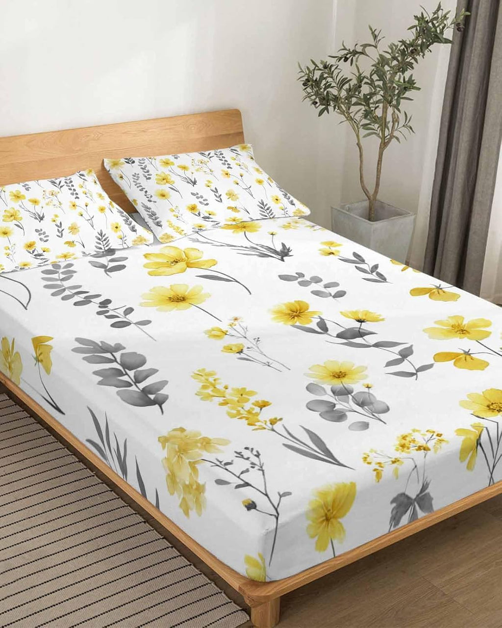 Yellow Spring Floral Cal King Sheet Set 4 Piece Bedding - Flowers Botanical Elegant Pastoral Breathable Comfy Cooling Bed Sheets & Pillowcase Sets, Hotel Luxury Flat Sheets Deep Pockets Fitted Sheet