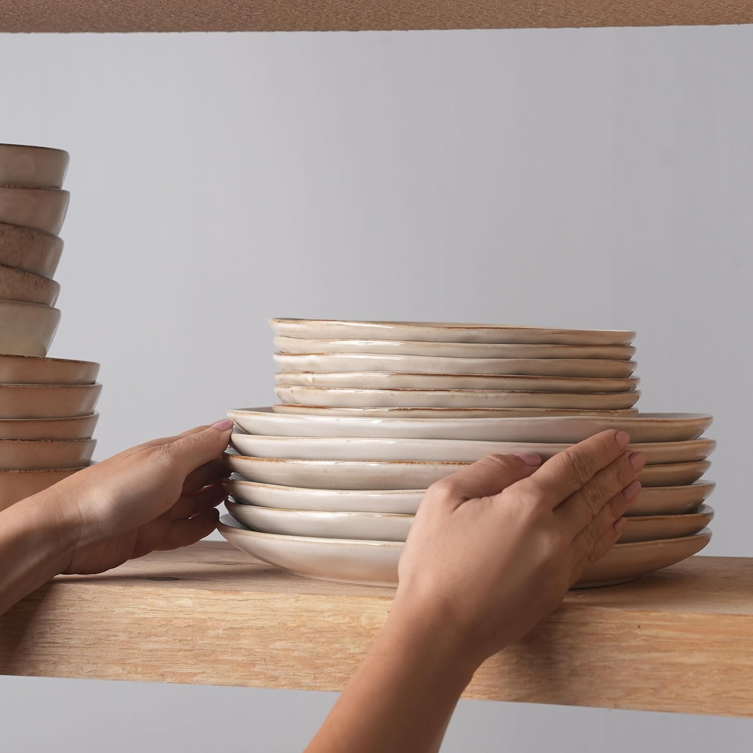 Karaca Aria Reactive Stoneware Plates & Bowls Sets - Ceramic Dinnerware Sets for 6, 24 Piece Microwave Safe Dish Set incl. Dinner Plate Set with Pasta Bowls, Side Plates and Cereal Bowl - Beige