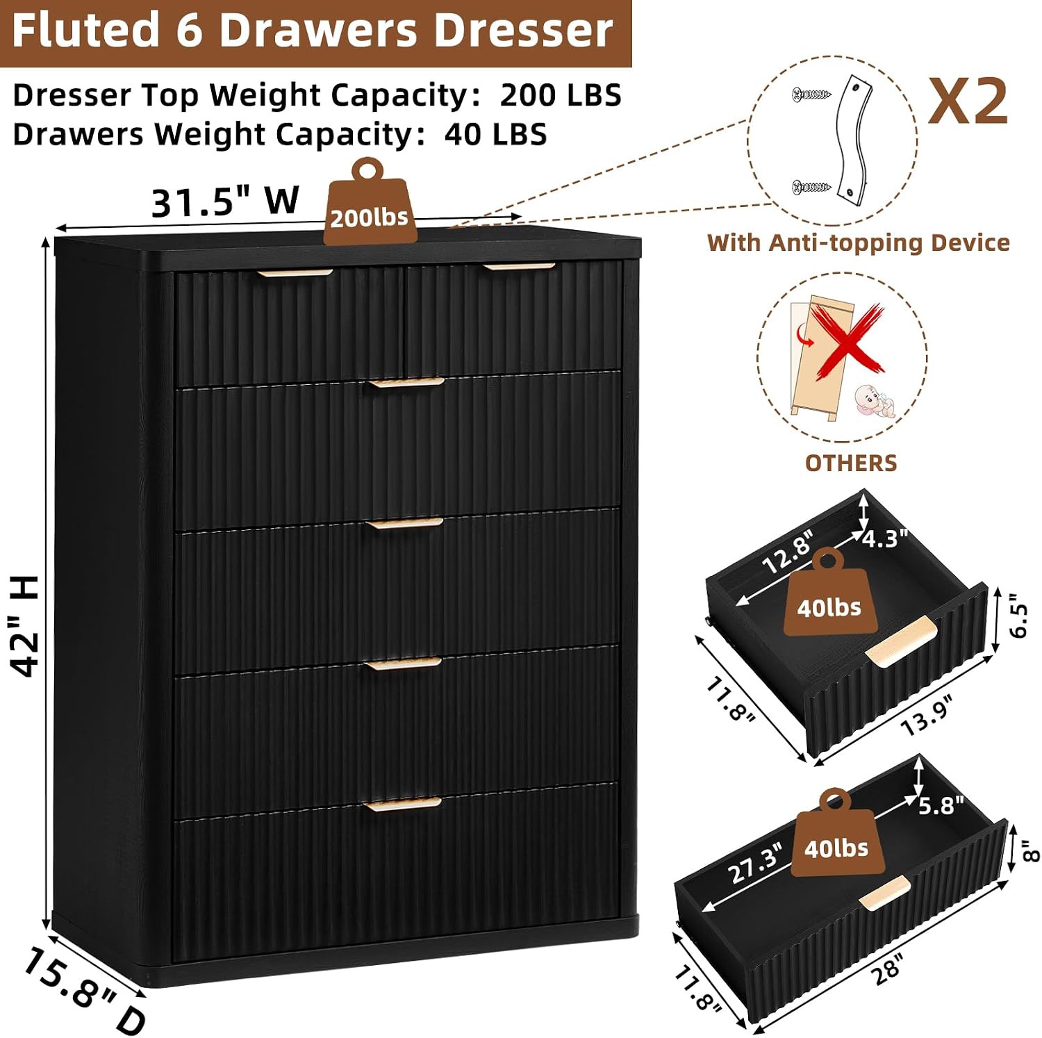 LEYAOYAO Fluted 6 Drawers Dresser for Bedroom, 42' Tall Modern Chest of Drawers with Metal Handle, Curved Profile Design,Black Wood Drawer Organizer for Bedroom, Living Room, Hallway, Entryway