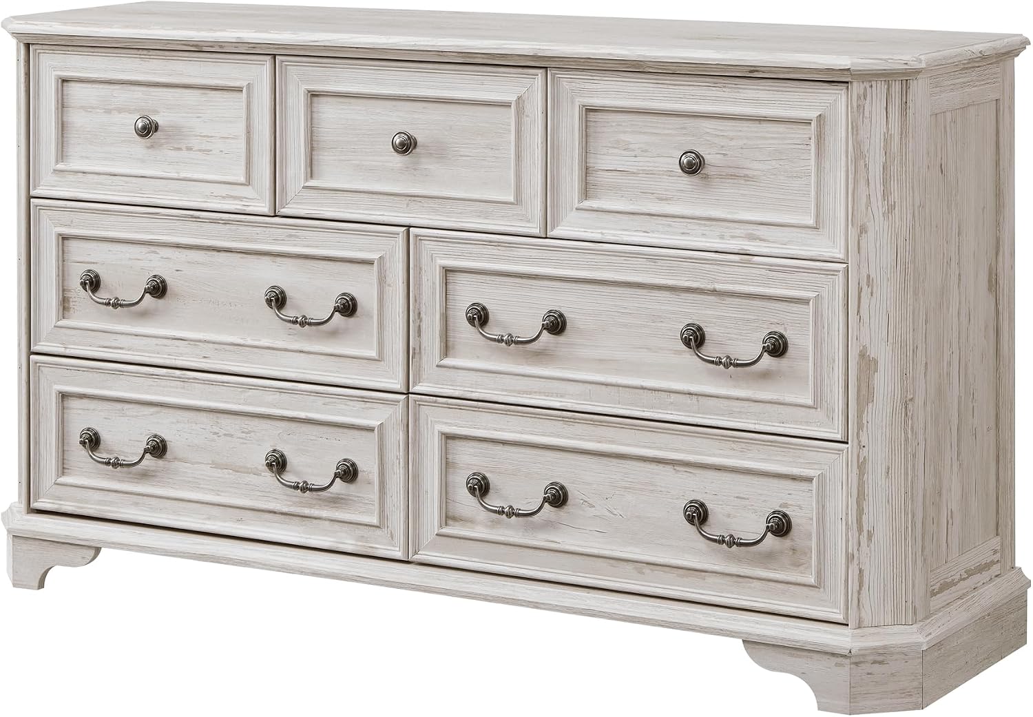 T4TREAM Farmhouse 7 Drawers Dresser for Bedroom, 54' Wide Wood Rustic Chest of Drawers with Natural Texture, Vintage Design, Storage Dressers Organizer for Bedroom, Living Room, Distressed White
