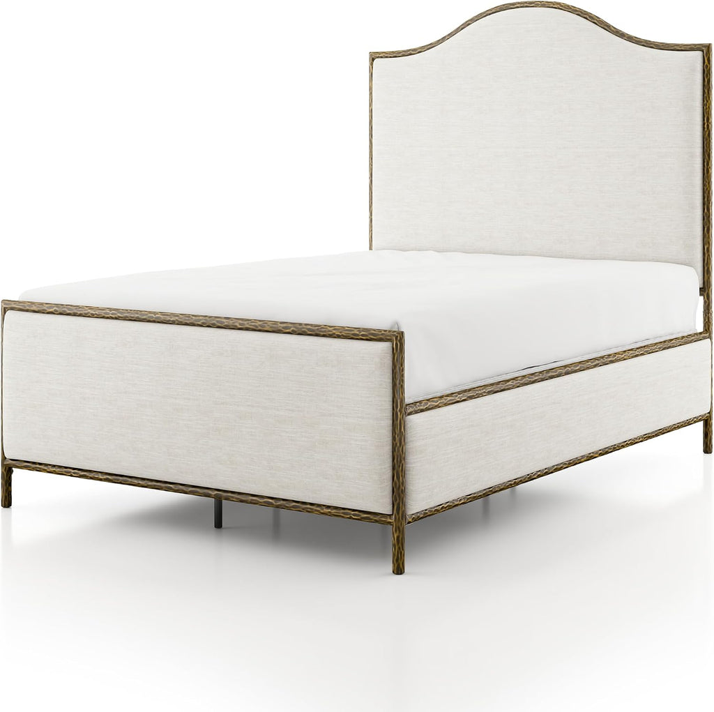 24/7 Shop at Home Lalia Hammered Metal 3-Piece Bedroom Collection, Upholstered Bed Frame with Camelback Headboard, Forged Steel and Curved Nightstands, Foundation Required, Full, Matte Gold