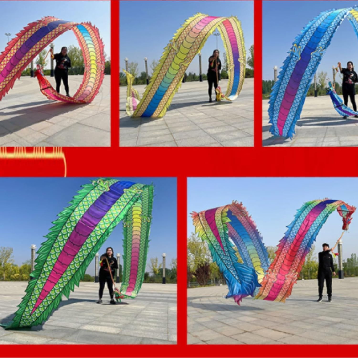 Chinese New Year Decorations Dragon Dance Ribbon Streamer with Travel Bag Washable Chinese Flinging Ribbon Exercise Dance Dragon Spring Festival Party Supplies(E,12M)