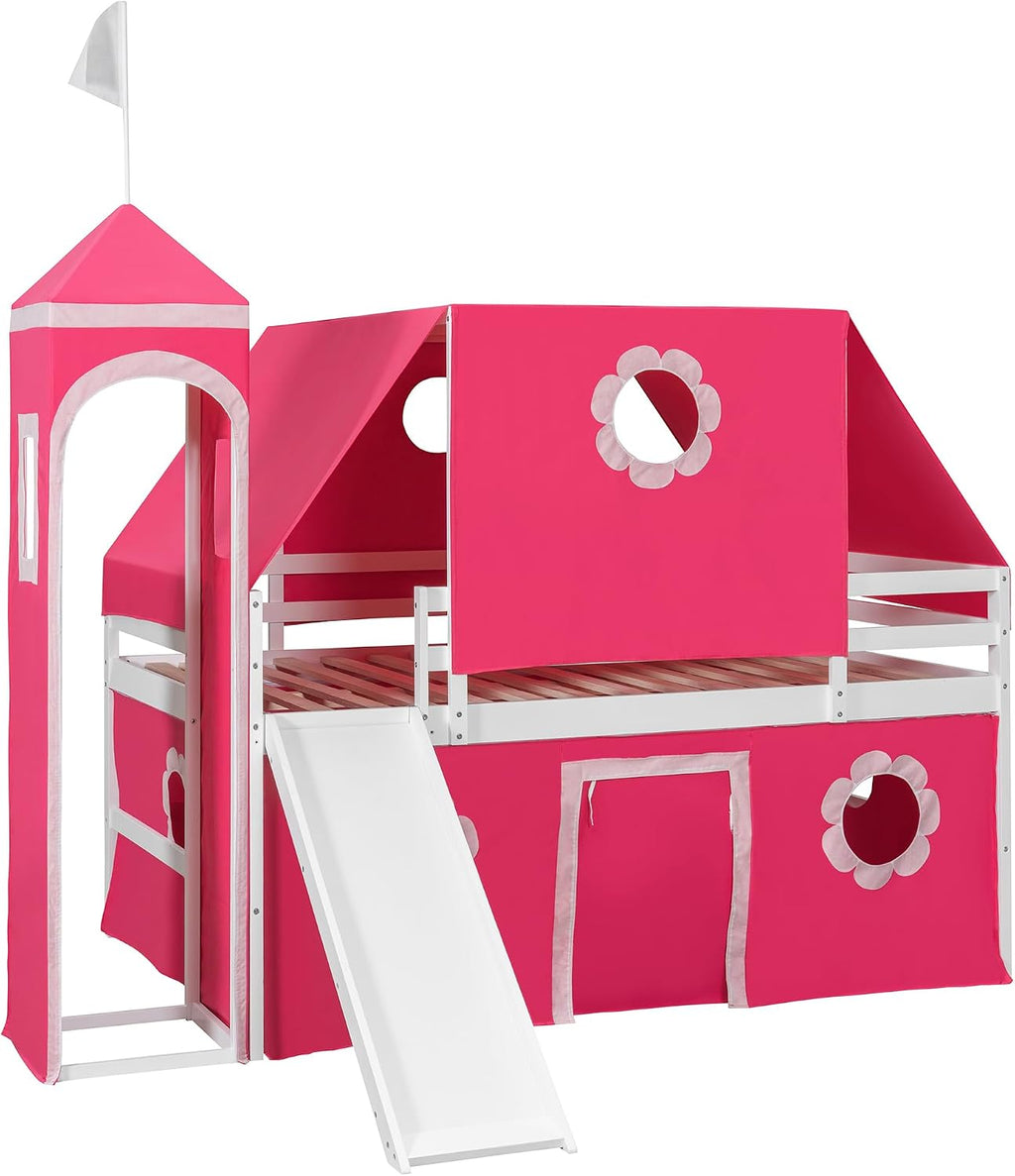 Pink Loft Bed with Slide and Play Tent Full Size Castle Themed Kids Bed with Tower Playhouse Design for Girls Bedroom Furniture