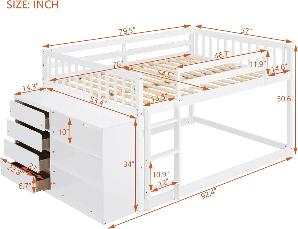 DNYN Full Over Full Bunk Bed with Storage Shelves & 4 Drawers for Kids Bedroom,Wooden Bedframe w/Ladder & Safety Guardrails,Super Save Space & No Box Spring Needed, White