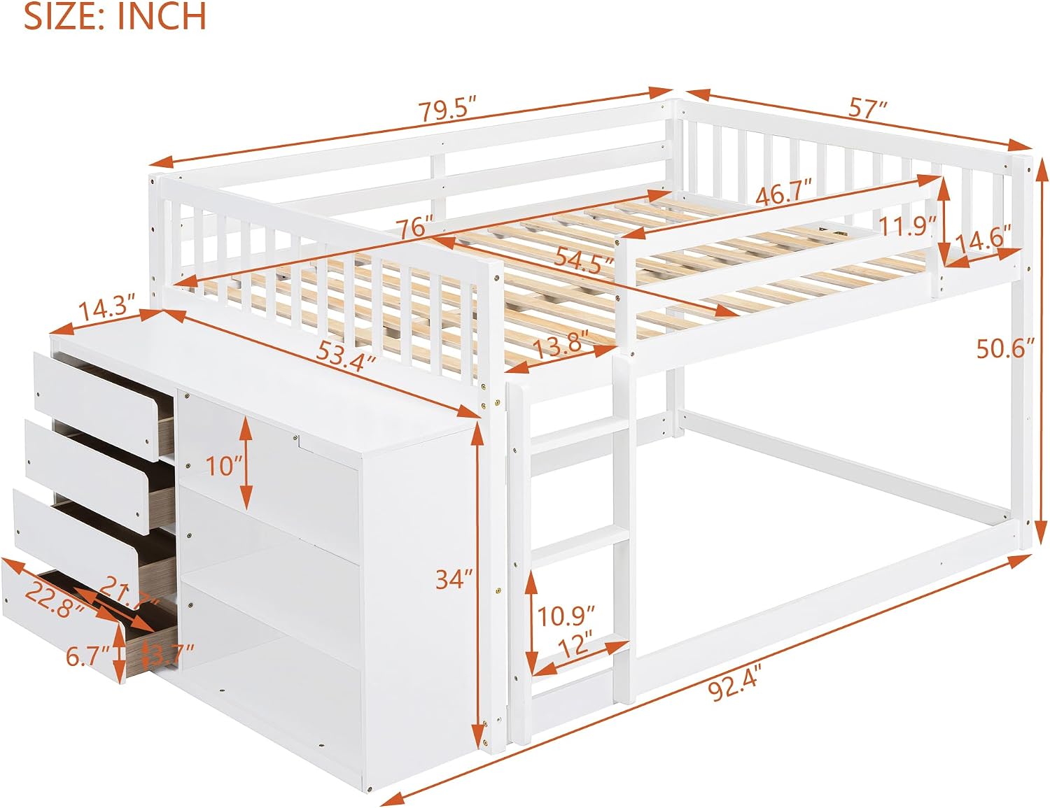 DNYN Full Over Full Bunk Bed with Storage Shelves & 4 Drawers for Kids Bedroom,Wooden Bedframe w/Ladder & Safety Guardrails,Super Save Space & No Box Spring Needed, White