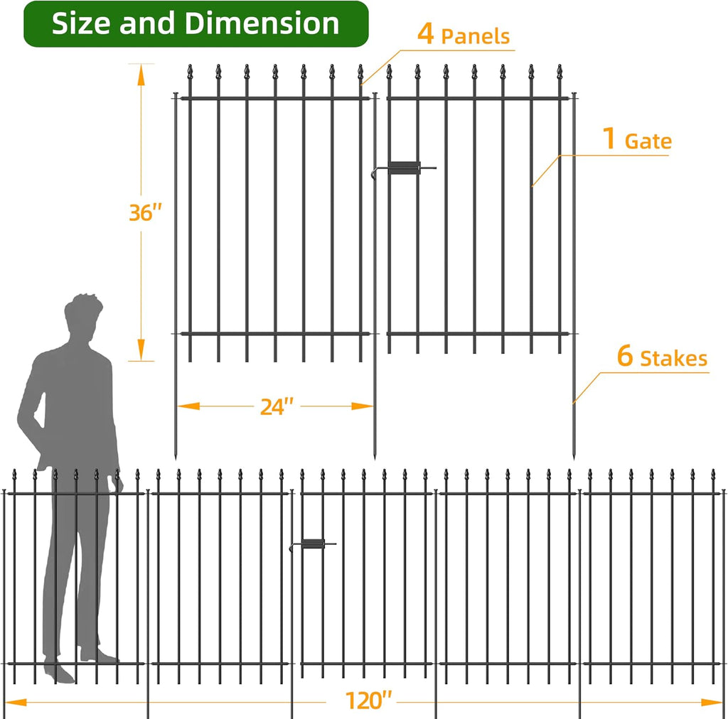 FOREHOGAR Metal Garden Fence with Gate 36 in H x 10 ft L, 1 Gate + 4 Panels Border Fence Panels Animal Barrier for Dogs, No Dig Garden Fencing for Yard Patio Flower Bed Lawn Outdoor, Black
