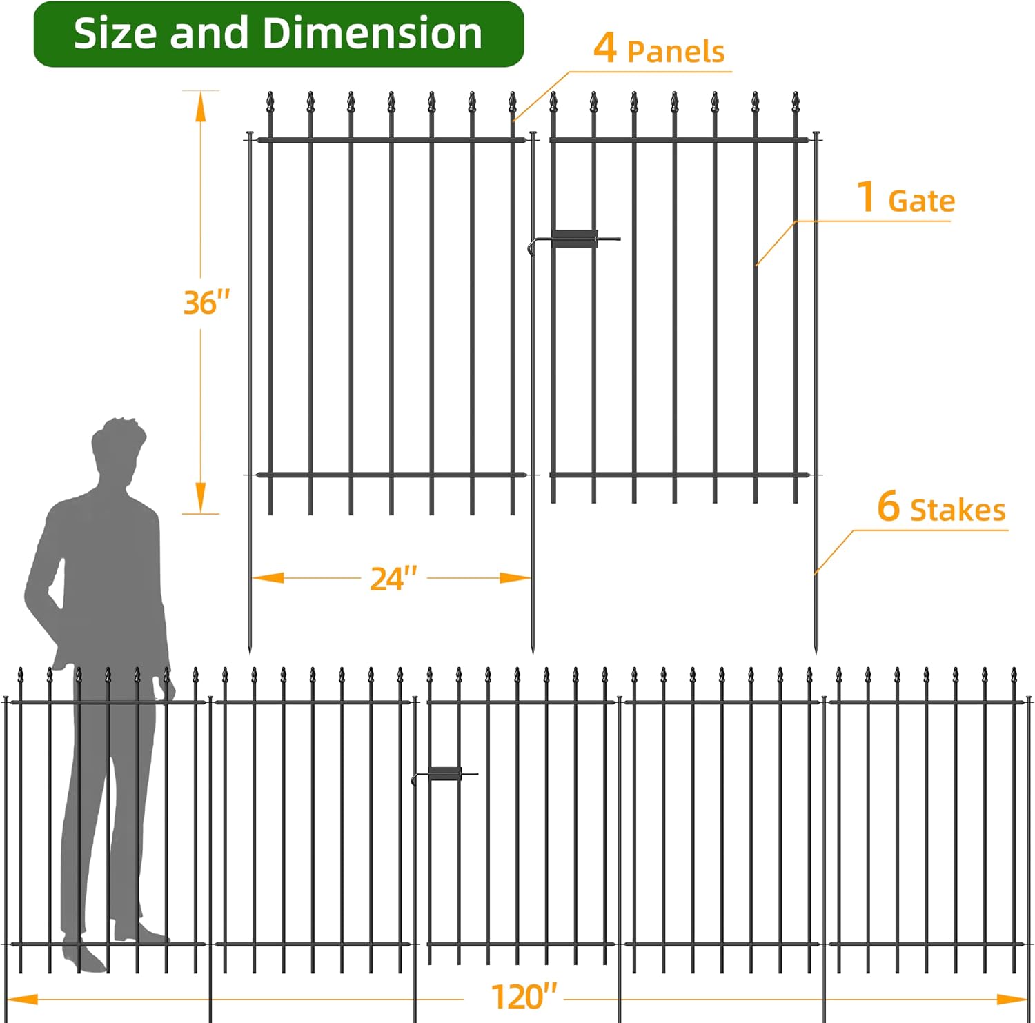 FOREHOGAR Metal Garden Fence with Gate 36 in H x 10 ft L, 1 Gate + 4 Panels Border Fence Panels Animal Barrier for Dogs, No Dig Garden Fencing for Yard Patio Flower Bed Lawn Outdoor, Black