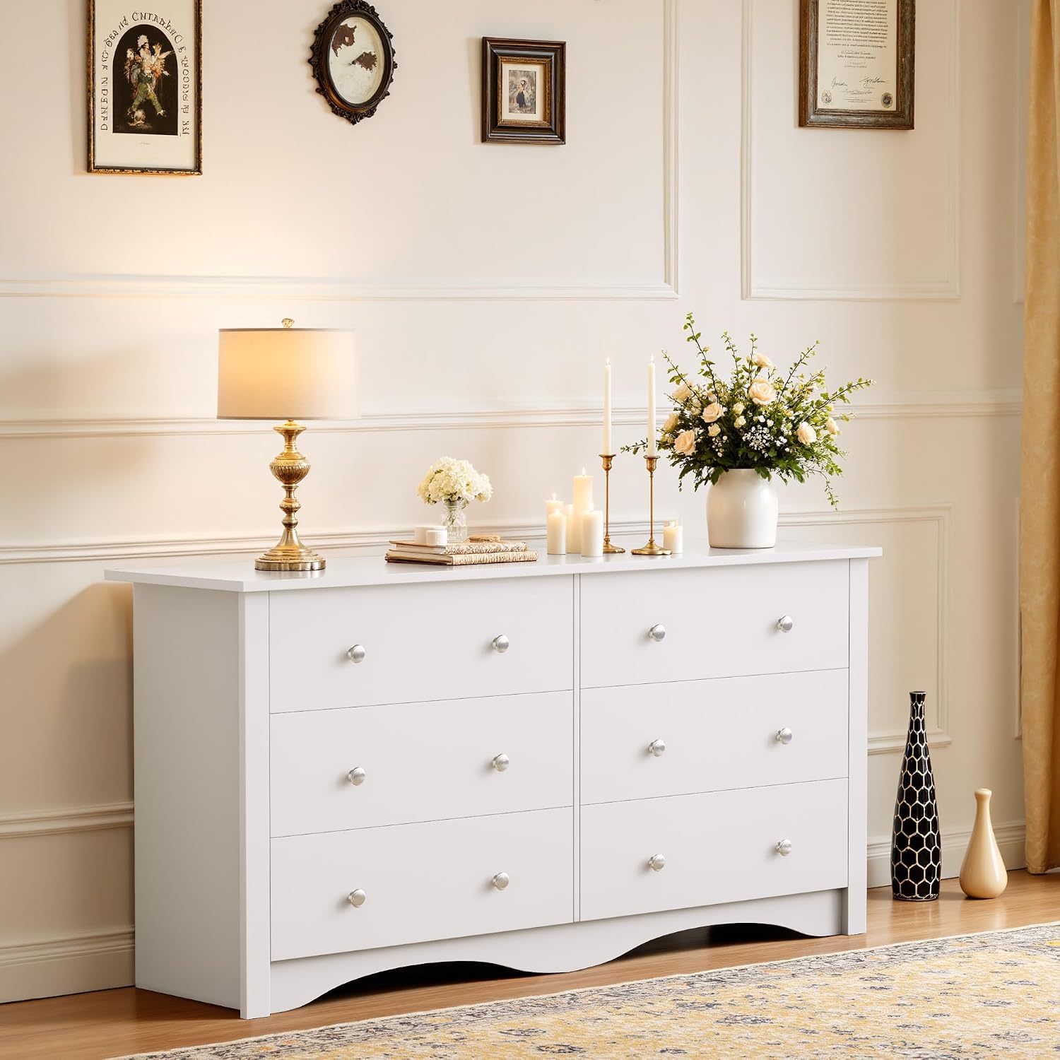 JUMMICO Dresser for Bedroom, 6 Wood Dresser Drawers, Wide Chest of Drawers, TV Stand, Modern Design for Bedroom, Living Room, Hallway, Entryway (White)