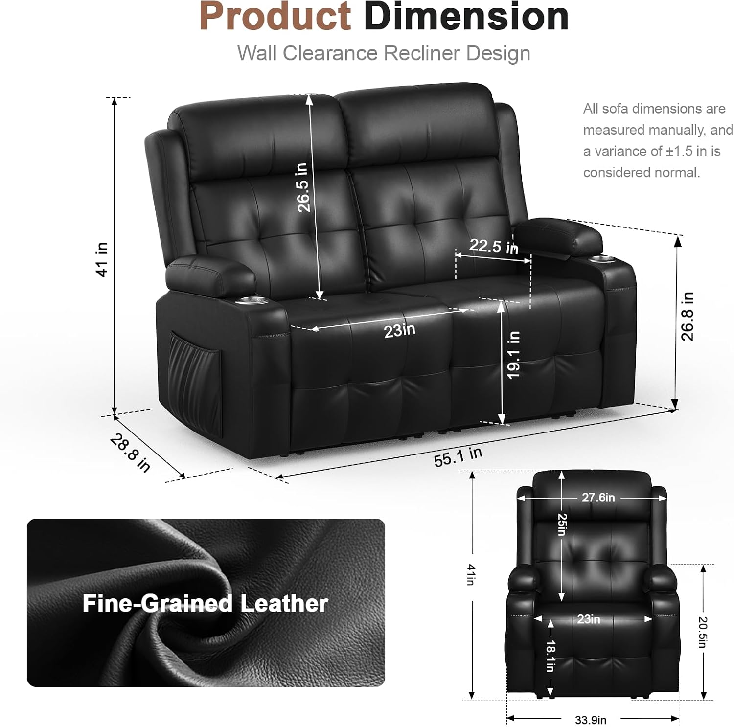 Reclining Loveseat, 1 Single Power Heat & Massageable Recliner Chair with Storage, Cup Holders, Oversized Massage Sofa Heavy Weight Capacity, Wall Hugger Couches for Living Room & RV