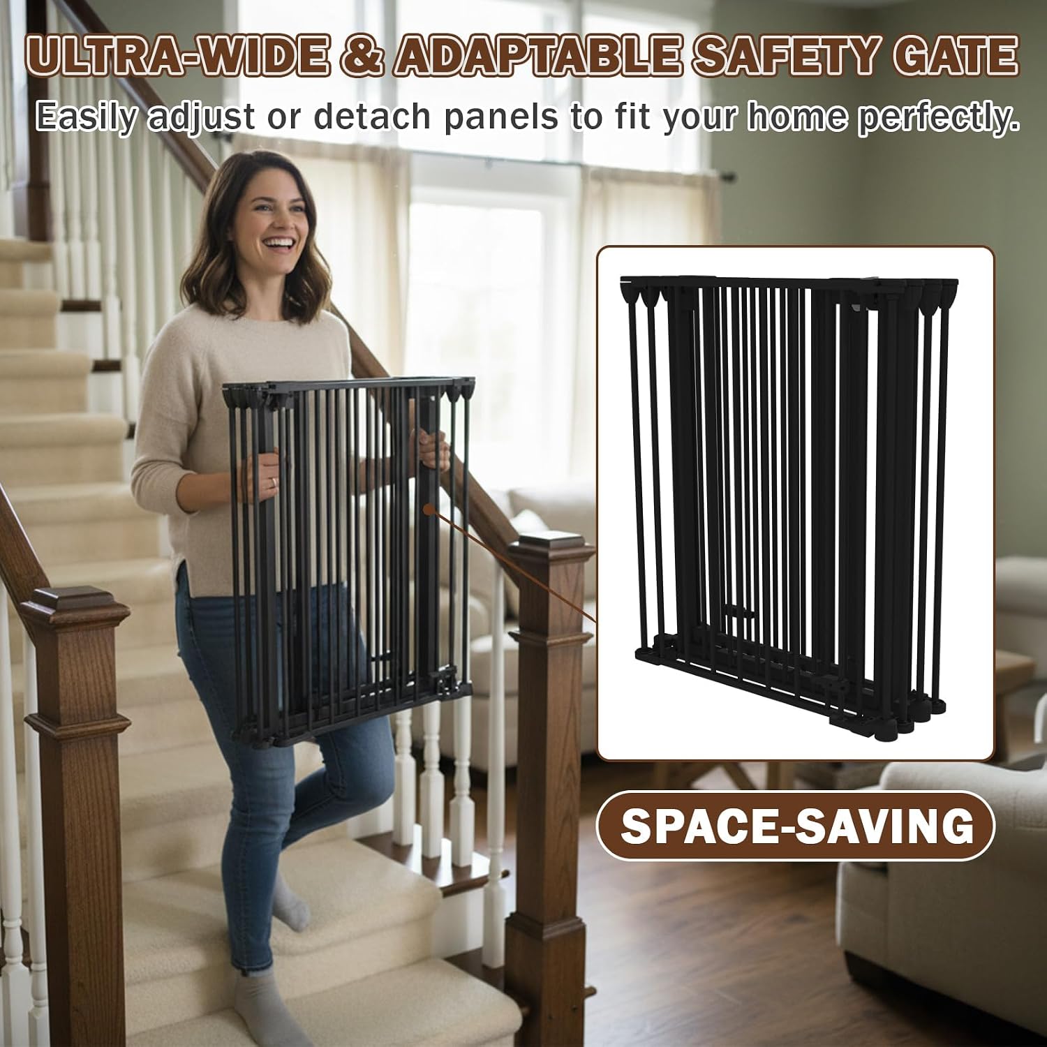 Mumeasy 126' Extra Wide Baby Gate for Doorways, Stairs & Fireplace, Auto Close Safety Dog & Pet Gate with Walk Thru Door, Childproof Fence for Hallway Kitchen House Indoor Outdoor,5 Metal Panels,Black