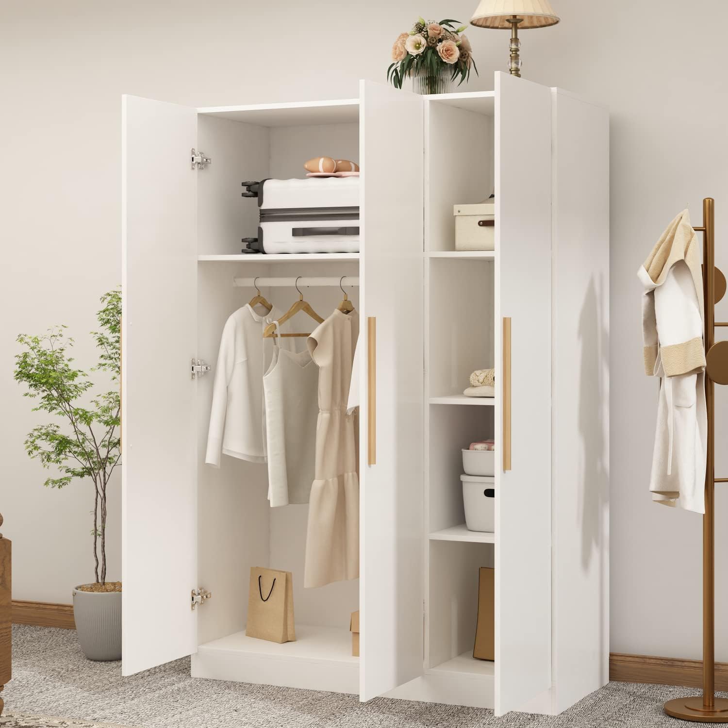AIEGLE 3 Doors Wardrobe Armoire Closet, Large Freestanding Armoire Wardrobe Cabinet with Shelves & 2 Hanging Rod, Bedroom Wood Clothes Storage Cabinet Organizer, White Type B (47' L x 70' H)