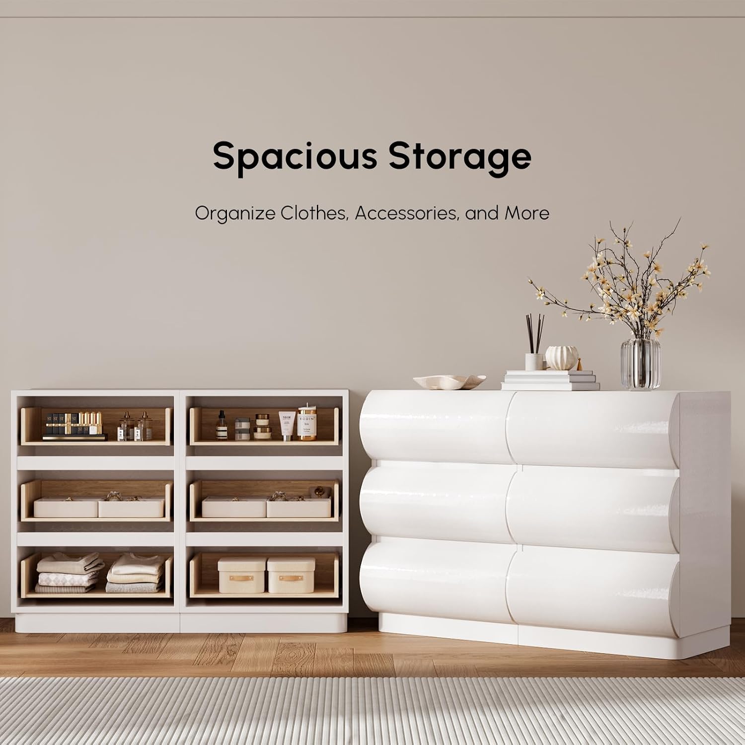 homary Modern 6 Drawers Dresser, 39.4' Wide Faux Leather Chest of Drawers with Modern Design, Storage Dressers Organizer for Bedroom Living Room Hallway, White