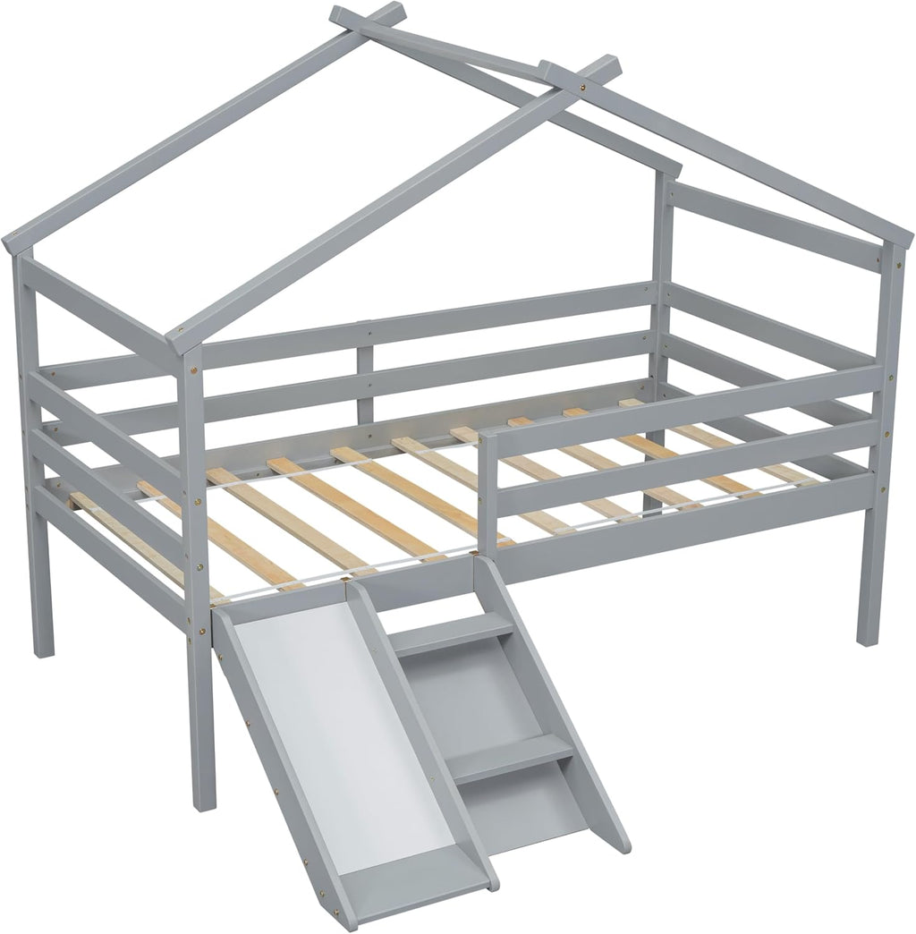 JIVOIT Twin Size Low Loft Bed with Slide and Ladder, House Loft Bed with Safety Guardrails, Capacious Space Under Bed, House Roof Frame for Kids Teens Girls Boys (Grey * 098)
