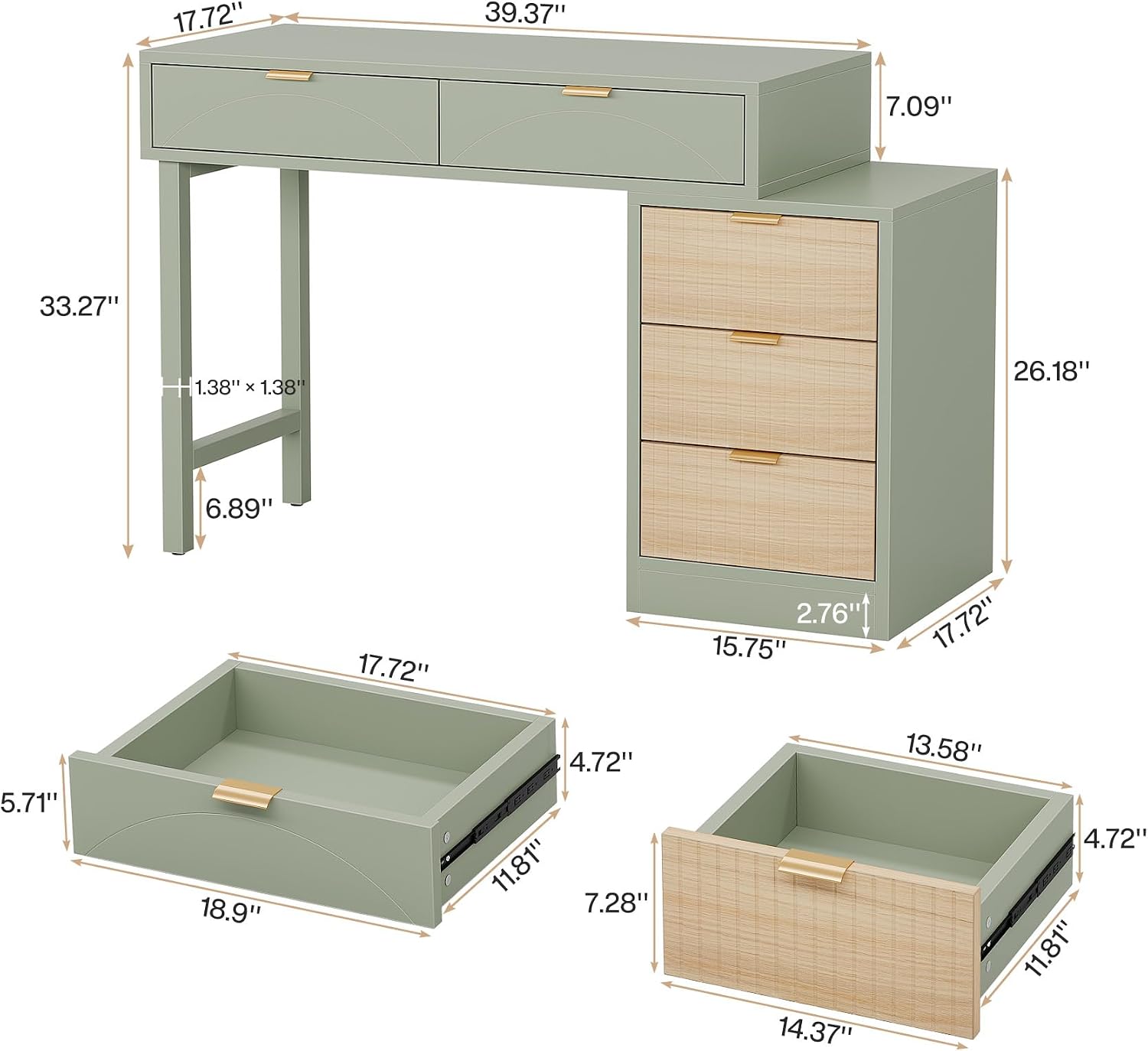 Tribesigns Makeup Vanity Desk with 5 Drawers, Modern Small Dressing Desk with Storage, Wood Make Up Table for Bedroom, Narrow Space (Without Mirror), Mint Green