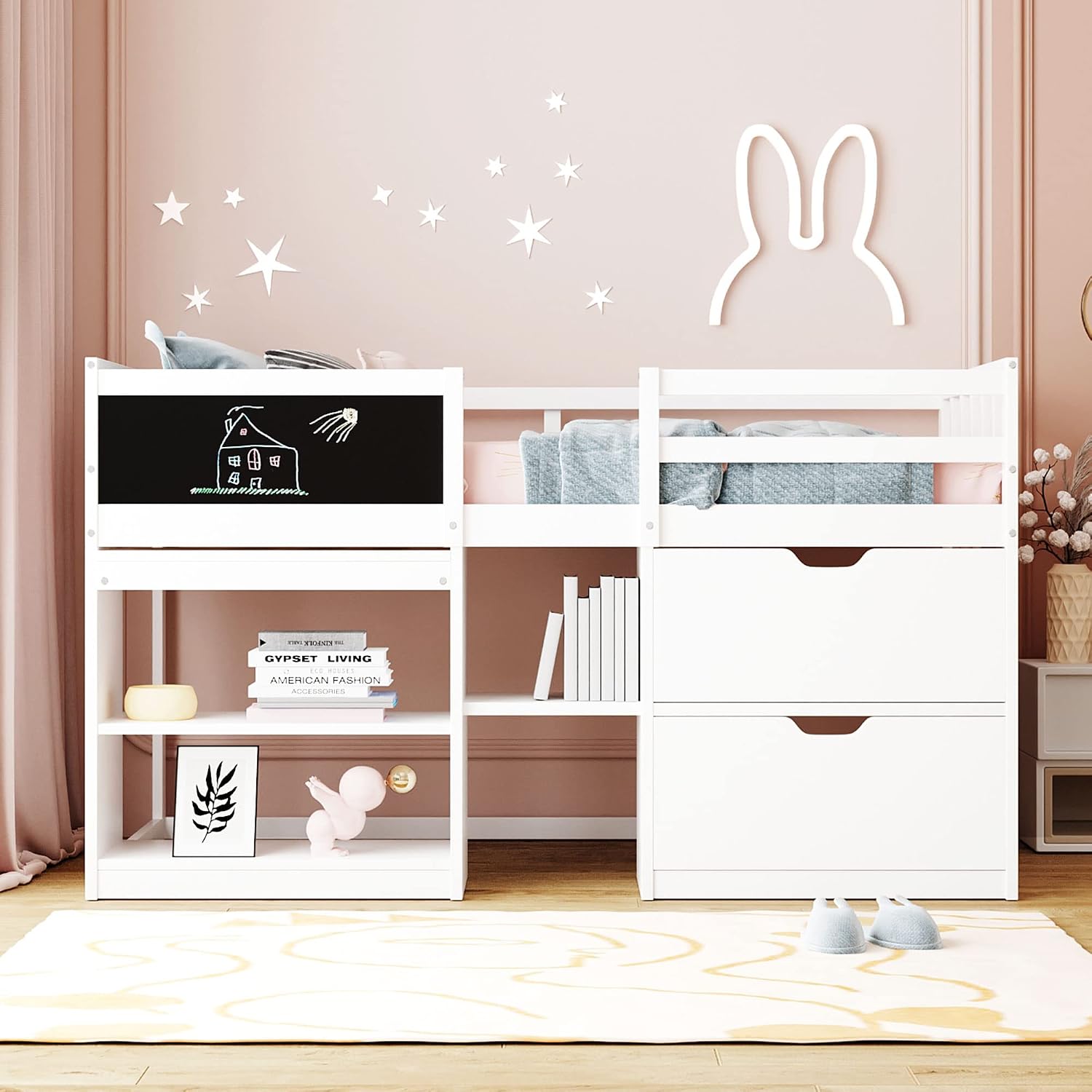 JIVOIT Wooden Low Loft Bed Frame with Rolling Desk, Two Drawers and Two-Tier Bookshelf, Twin Size Loft Bed with Blackboard, Full-Length Guardrail and Built-in Stair (White with Rolling Desk 013)