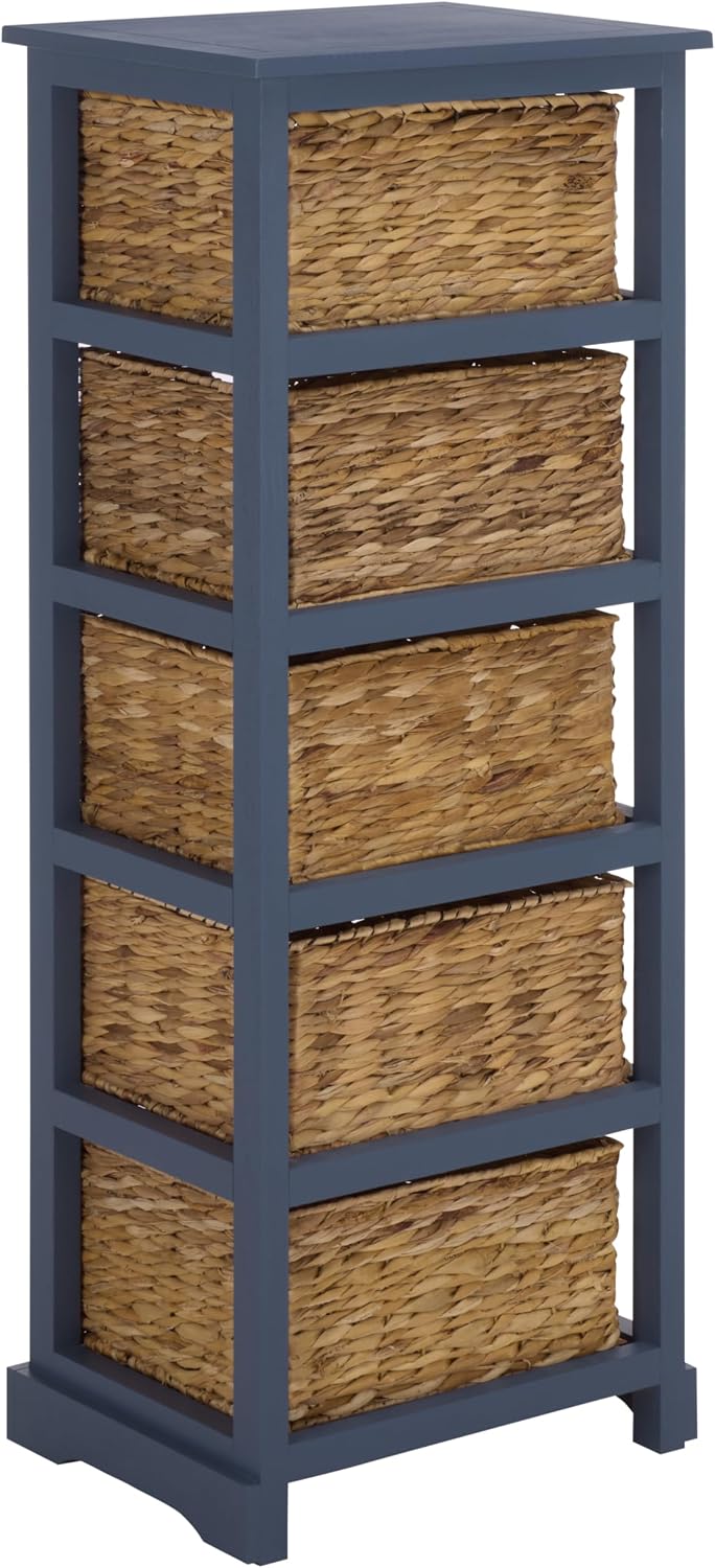 SAFAVIEH Furniture - Vedette 5-Basket Storage Tower - Blue - Solid Wood - Coastal Basket Tower Design - Ideal for Entryway, Living Room, 17.5' W x 13.5' D x 46' H - Fully Assembled (AMH5739H)