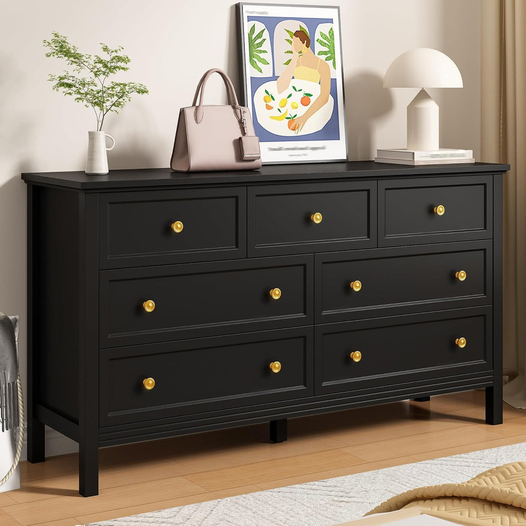 LYNSOM Black Dresser for Bedroom with 7 Drawers, Modern Wide Chest of Storage Drawer with Gold Handles, TV Stand Dresser, Wood Dressers for Bedroom, Living Room, Hallway, Entryway, 55''