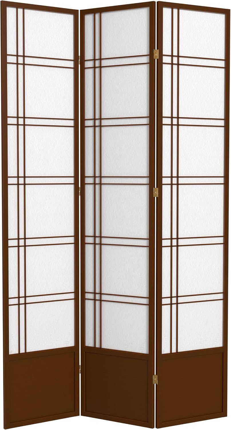 Red Lantern 7 ft. Tall Double Cross Shoji Screen - Walnut - 3 Panels