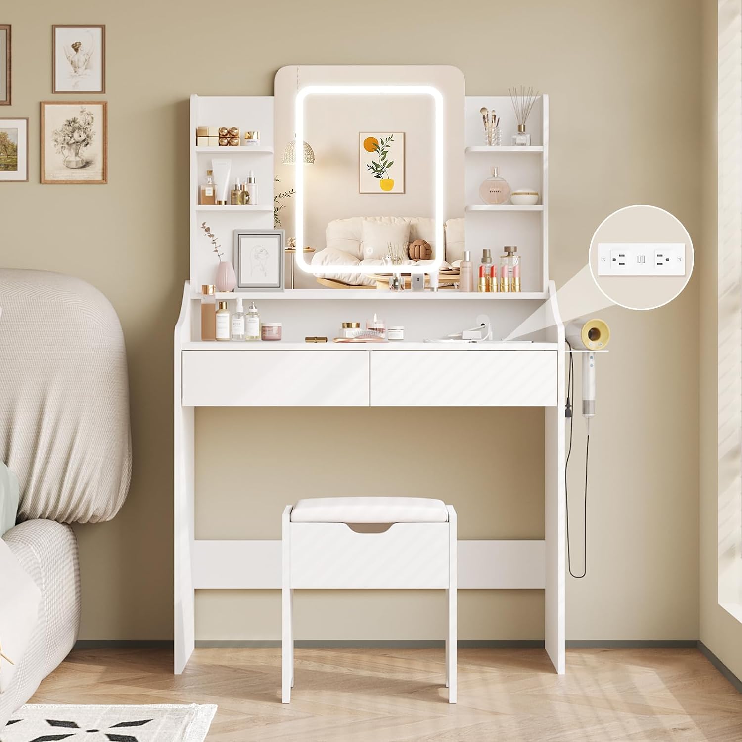 Vabches Vanity Desk with LED Mirror, Makeup Vanity with Power Outlet, 3 Lighting Modes Dressing Table with 2 Drawers & Hair Dryer Holder, for Bedroom Dressing Room, Women Girls White