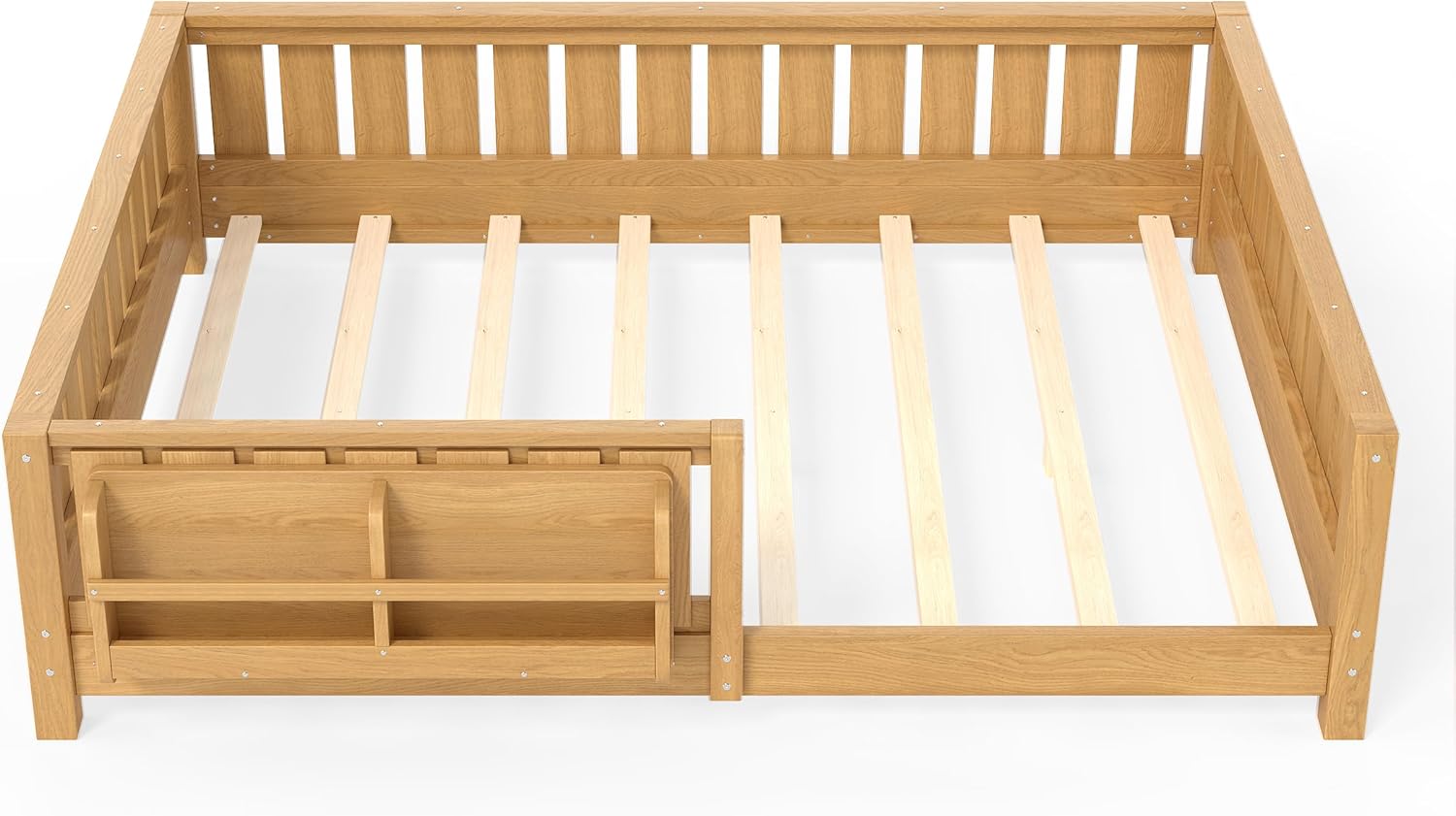 Bellemave Full Size Montessori Floor Bed with Slats and Fence, Full Size Montessori Bed with Rails and Bookcase, Easy Assemble Floor Beds Frame,Deep Natural