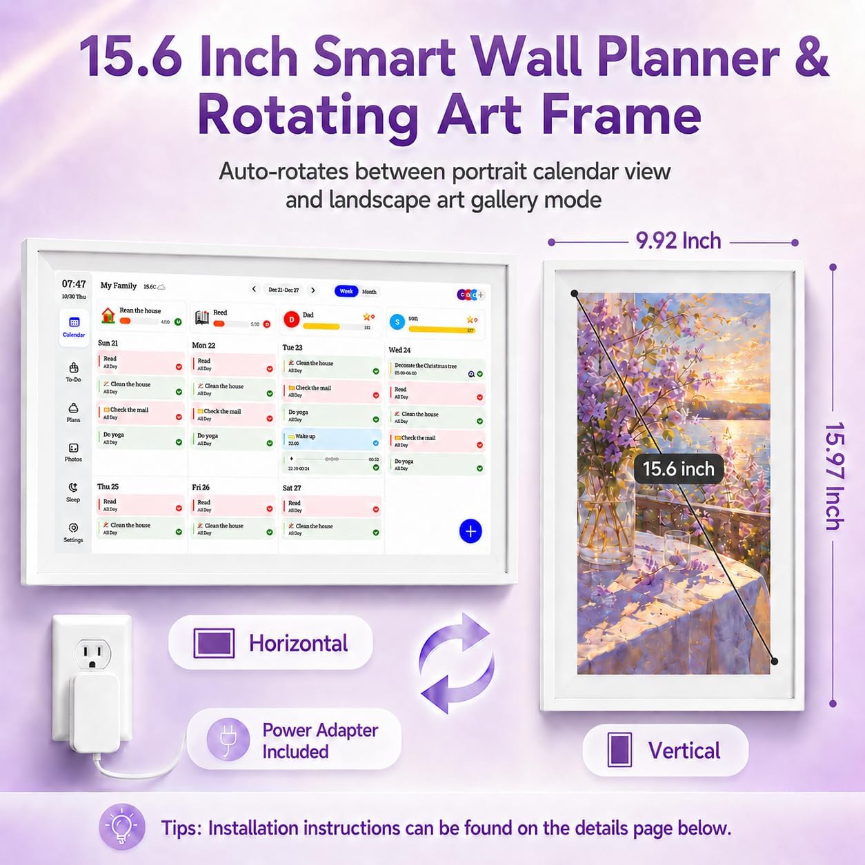 Digital Calendar Wall Touch Screen, No subscription fees,15.6 Inch | Smart Electronic Calendar with WiFi, Chore Chart, Meal Planner, Voice Record, AI Photo Repair, Wall/Desk Mount, Gift for Mom