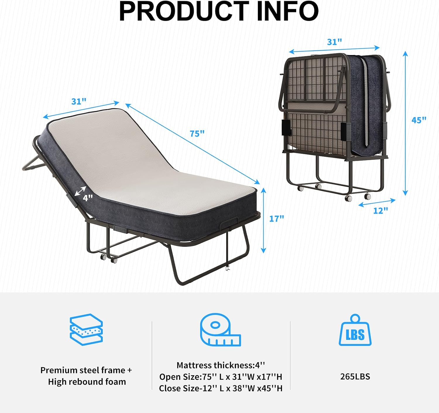 PUREMIND Folding Bed with Mattress for Adults, 75' x 31' Portable Rollaway Guest Beds with 4' Memory Foam Mattress & Metal Frame, Twin Size Foldable Bed Fold Away Beds Space Saving for Guest