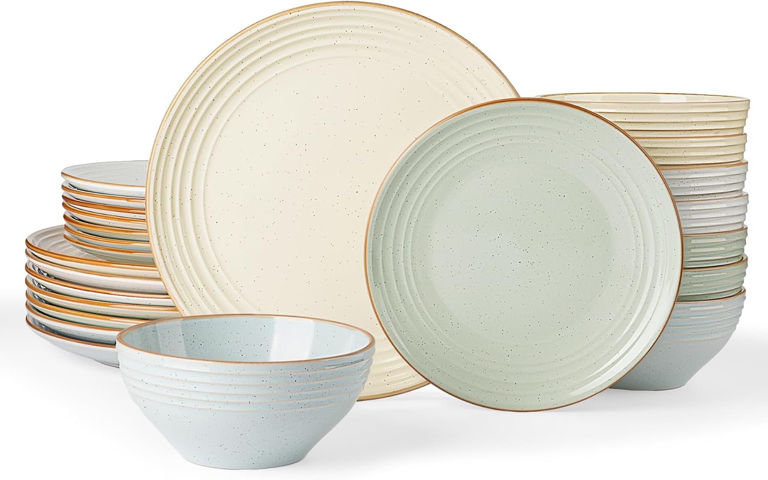 Famiware Jupiter 24-Piece Stoneware Dinnerware Set for 8, Handcrafted Plates and Bowls with Speckles & Embossed Swirls, Chip/Scratch Resistant, Microwave/Dishwasher Safe, Rustic Dishes, Multi-color