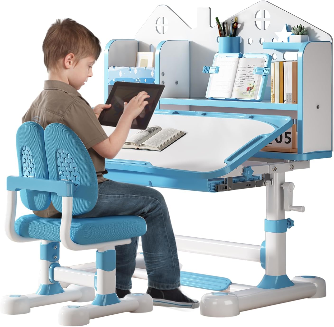 Kids Desk and Chair Set, Height Adjustable Study Desk for Kids Ages 3–12, Easy-Turn Crank Ergonomic Desk with 50° Tiltable Desktop, Storage Drawer & Bookshelf (015-Blue)