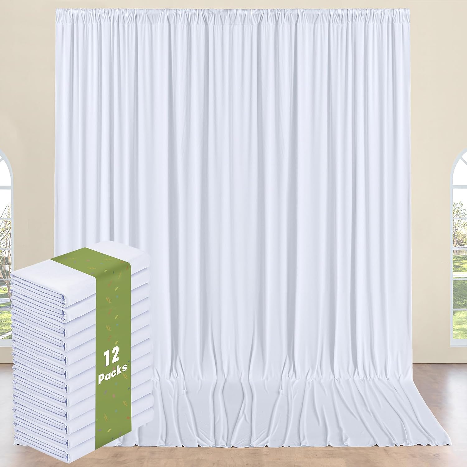 12 Panels 5x14ft White Backdrop Curtains for Parties, Wrinkle Free Polyester White Photo Backdrop Drapes 14 ft Long Back Drop Cloth for Wedding Birthday Photography Background Party