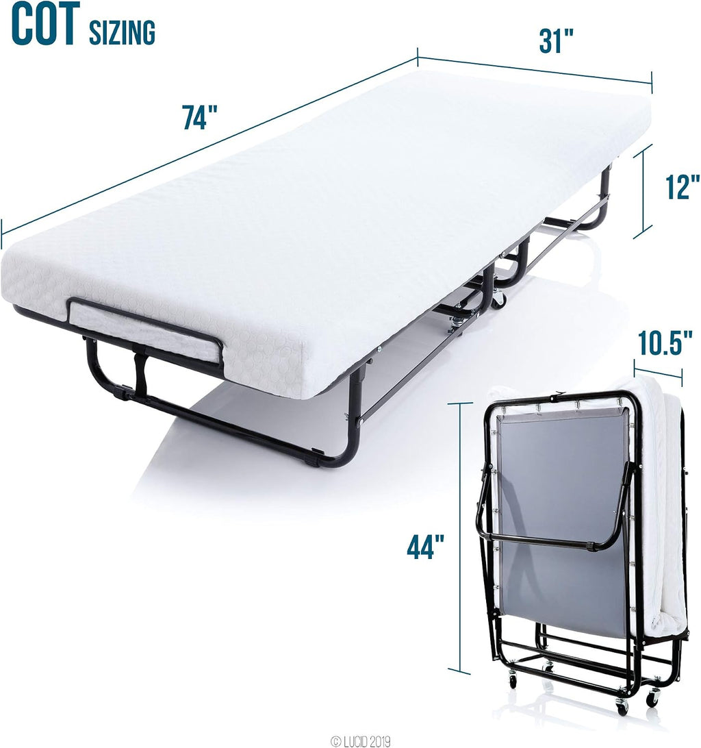Lucid Rollaway Folding Guest Bed with 4 Inch Memory Foam Mattress- Rolling Cot- Easy Storage-Cot Size Bed