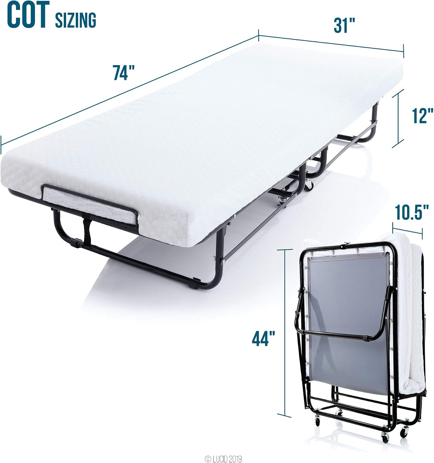 Lucid Rollaway Folding Guest Bed with 4 Inch Memory Foam Mattress- Rolling Cot- Easy Storage-Cot Size Bed