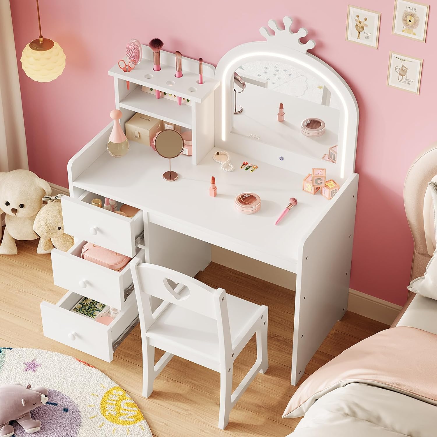 Garvee Kids Vanity with Lights, 2 in-1 Wooden Toddler Vanity Table with Stool & Drawer,Princess Pretend Play Makeup Vanity Princess Makeup Desk Dressing Table for Little Girls,Christmas Birthday Gift