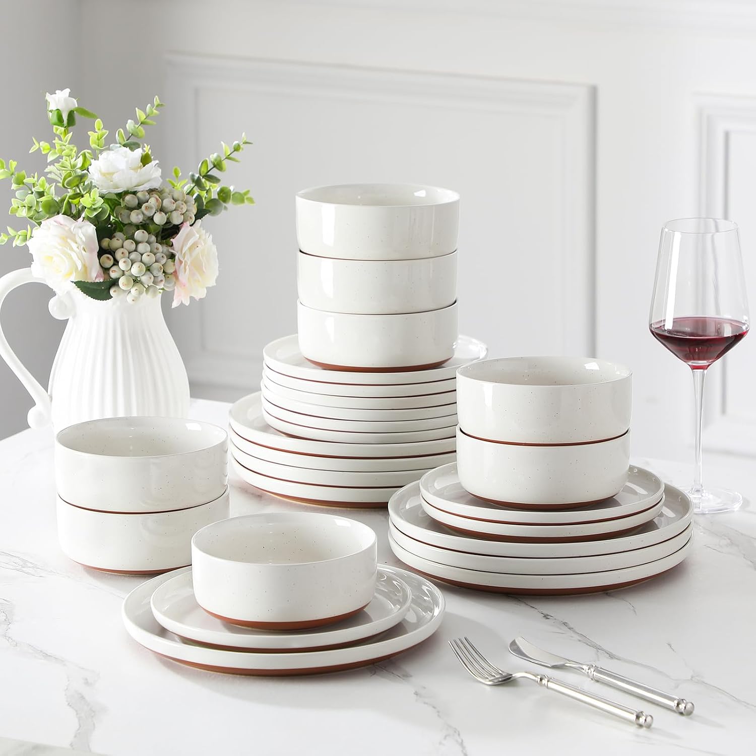 MALACASA Plates and Bowls Sets, 24 Pieces Modern Ceramic Dinnerware Set for 8 Kitchen Stoneware Dishes Dishware Set Microwave and Dishwasher Safe, White, Series TARA