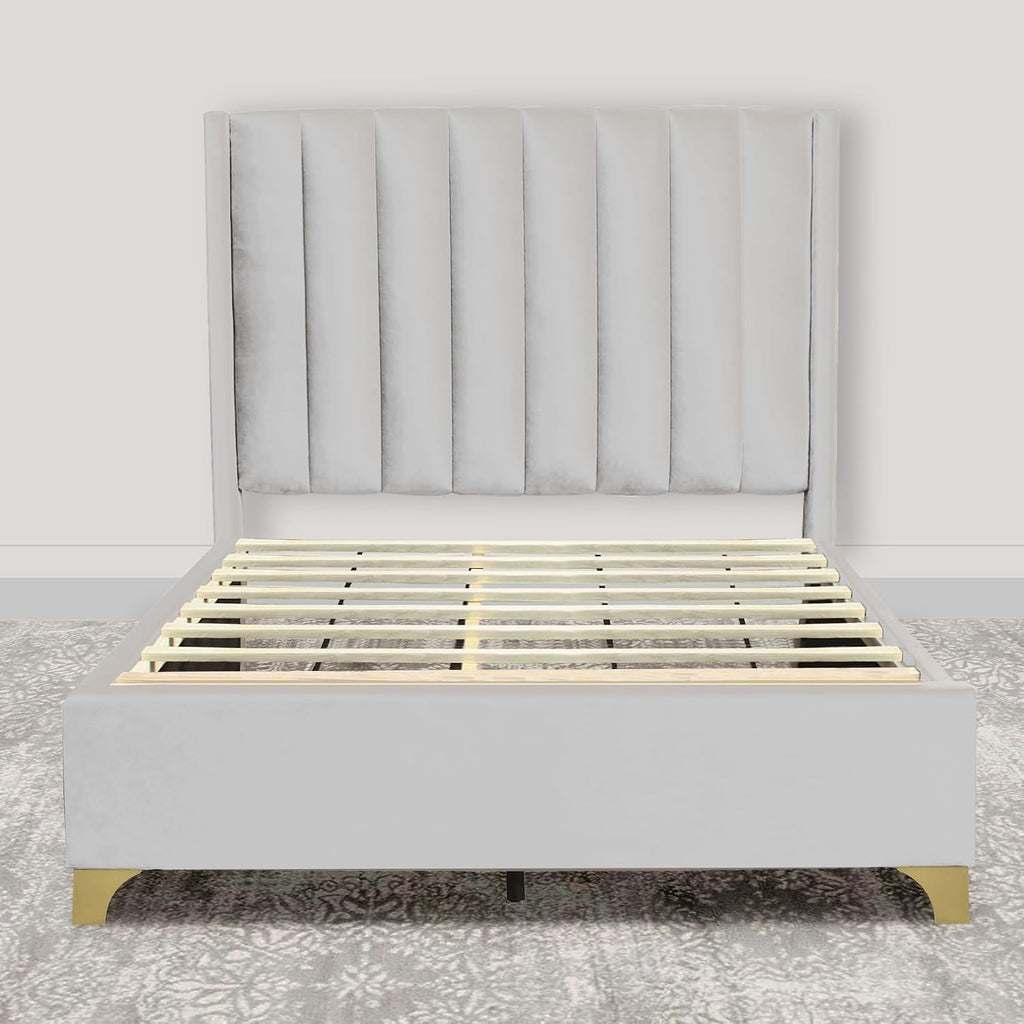 Greaton, Vinyl Upholstered Bed Frame, Decorative Attractive Headboard, Long Lasting Durable, Includes 3 Color Legs to Choose Gold, Silver and Black,Queen, White