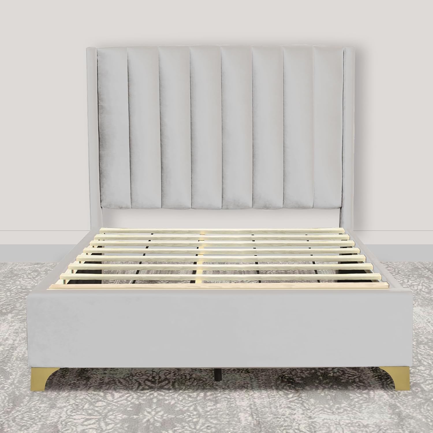 Greaton, Vinyl Upholstered Bed Frame, Decorative Attractive Headboard, Long Lasting Durable, Includes 3 Color Legs to Choose Gold, Silver and Black,Queen, White
