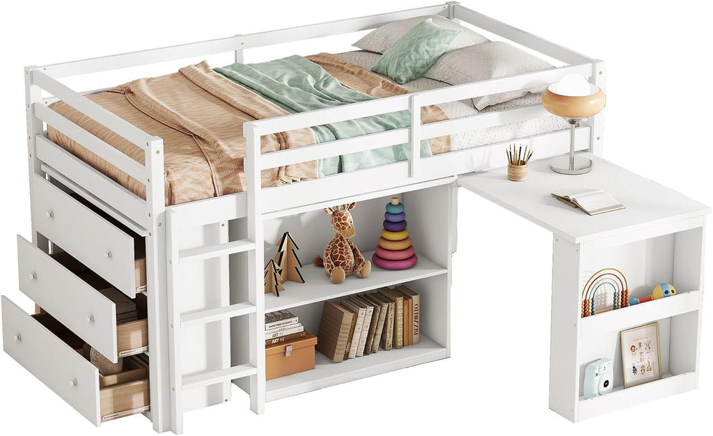 Twin Loft Bed, Multifunctional Loft Bed with Drawer Cabinet, Shelf Cabinet and Pulling-Out Desk, Flexible Under-bed Storage Space, Rubber Wood Loft Bed with Safety Guardrail and Ladder (White/261)