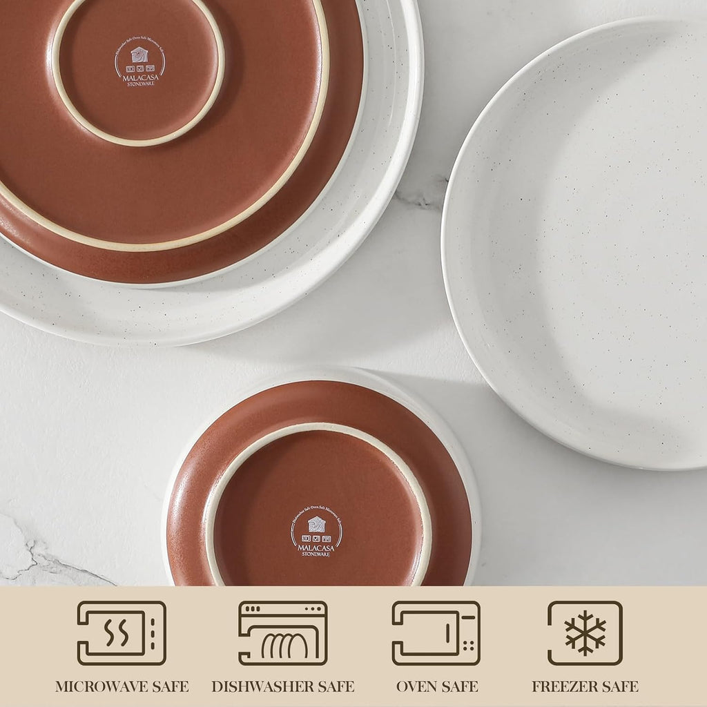MALACASA Plates and Bowls Sets, 24 Pieces Modern Ceramic Dinnerware Set for 8 Kitchen Stoneware Dishes Dishware Set Microwave and Dishwasher Safe, White, Series TARA