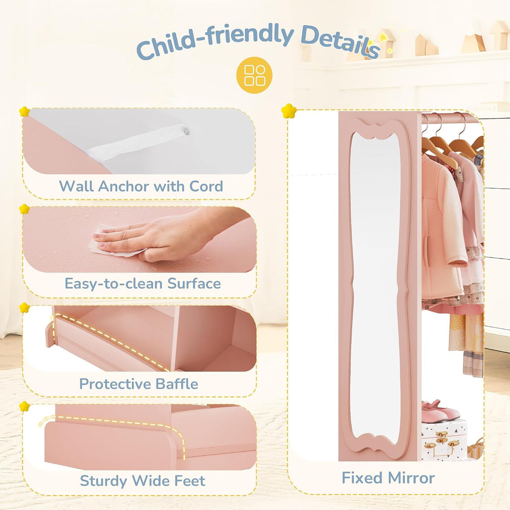 Curipeer Kids Dress Up Storage with Flower Mirror, Open Hanging Closet Wardrobe for Children, Kids Armoire & Costume Organizer for Bedroom Playroom Preschools Classroom, Pink